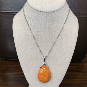 Orange Coral Pendant and Sterling Silver Ornate Necklace NWOT